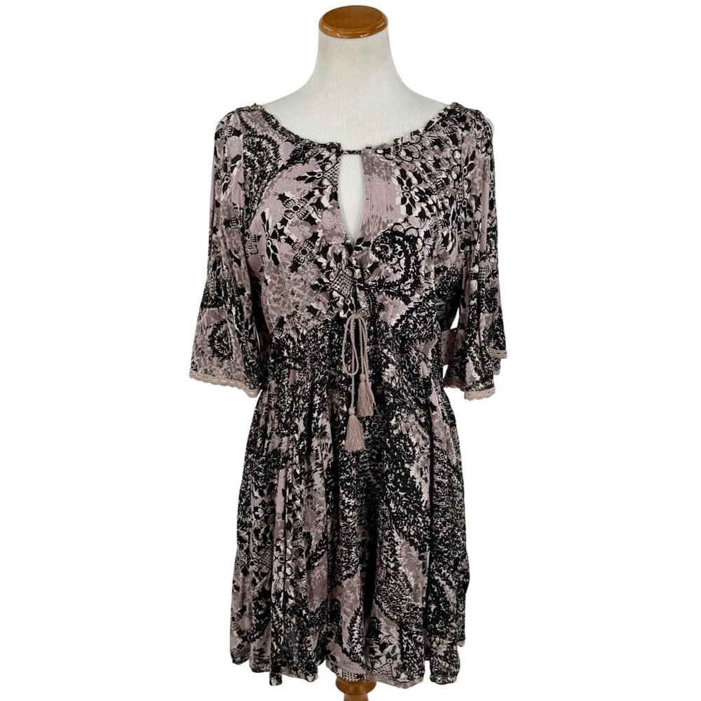 NWT Free People Crochet Lace Trim Cold Shoulder Mini Dress | Boho Coquette Fairy - Picture 2 of 16
